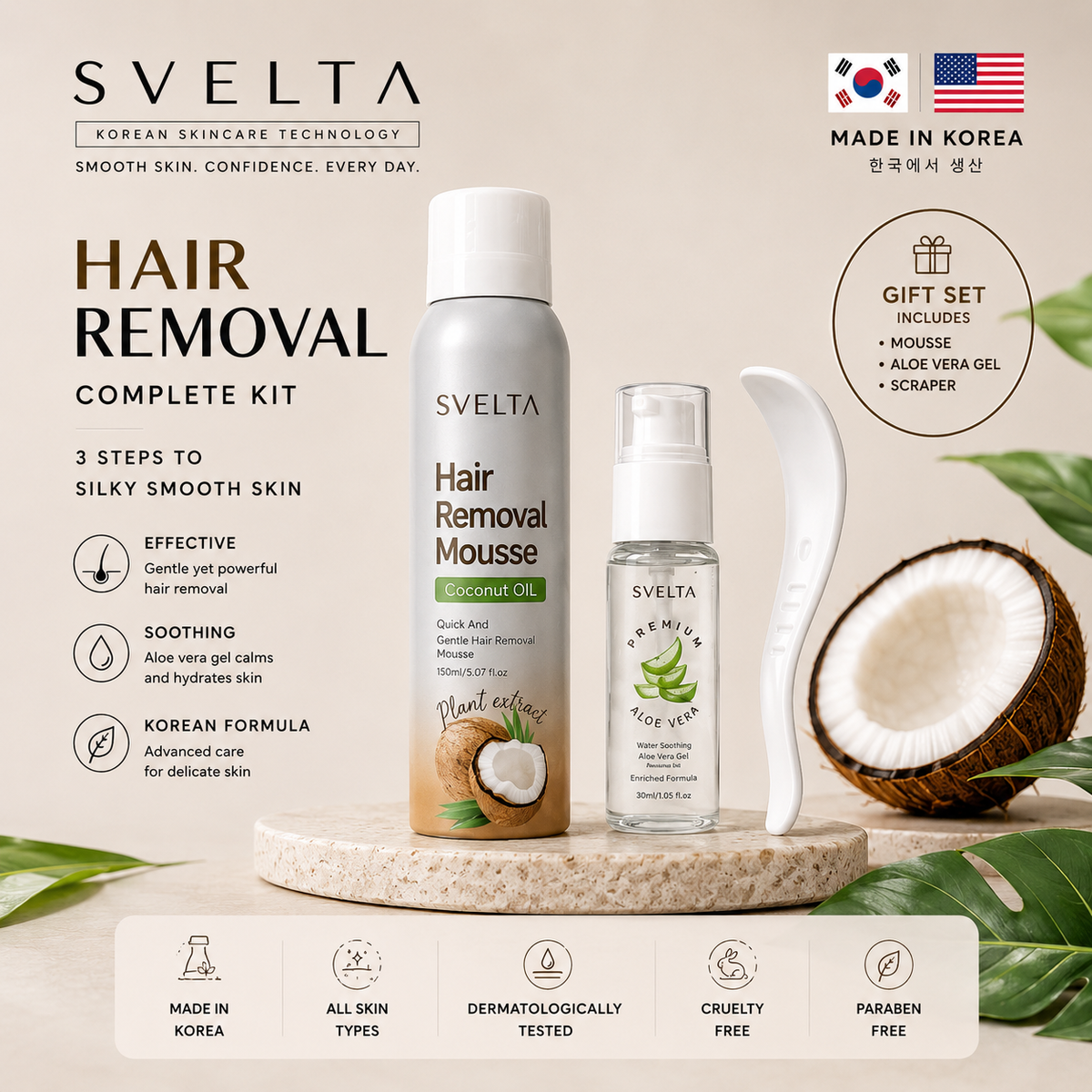 SVELTA Coconut Oil Hair Removal Mousse Kit with Aloe Vera Gel and Scraper, 3-Step Depilatory Set for Smooth Skin