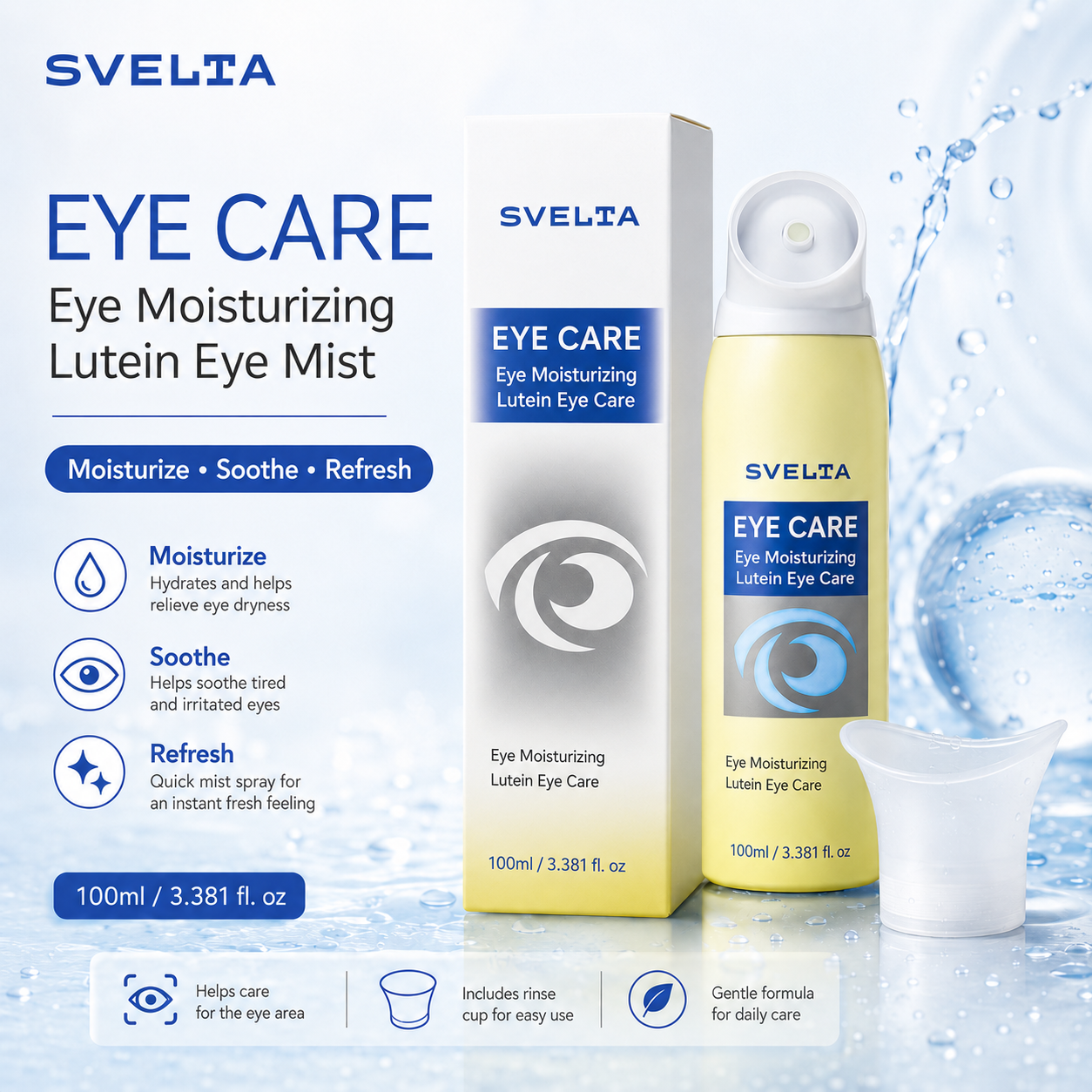 SVELTA Lutein Eye Care Mist, 3.38 fl oz Moisturizing & Refreshing Eye Area Care with Rinse Cup, Gentle Daily Formula